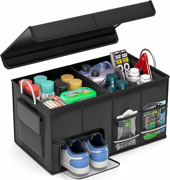 Car Trunk Organizer for SUV 50L Car Caddy Golf Trunk Organizer with Lid Collapsible Truck Storage Bin Large Compartment Car Grocery Organizer with 4 Pockets Handle Shoe Organizer Cargo Van Jeep Sedan
