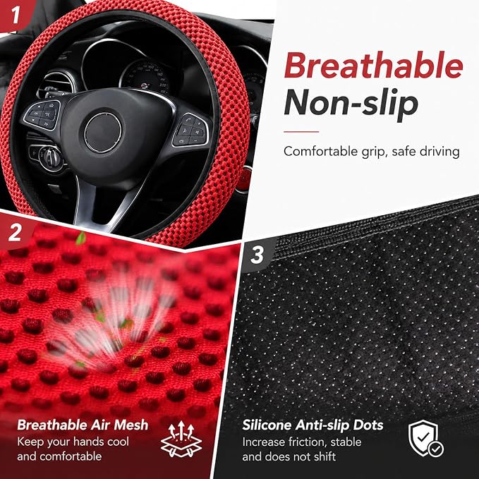 Mesh Ice Silk Cooling Car Steering Wheel Cover for Men Women,Summer Universal Breathable Stretch Anti-Slip Wheel Cover 14.5-15" for Cars, Trucks, Pickups, SUVs (Red)