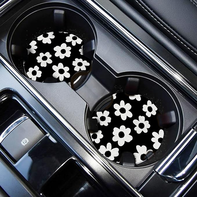 WOCOCN Car Coasters,Cup Holder Coasters for Car,2.75inch Anti Slip and Absorbent,Cute Automotive Interior Accessories for Cup Holder,Pack of 2 (Black Daisy)