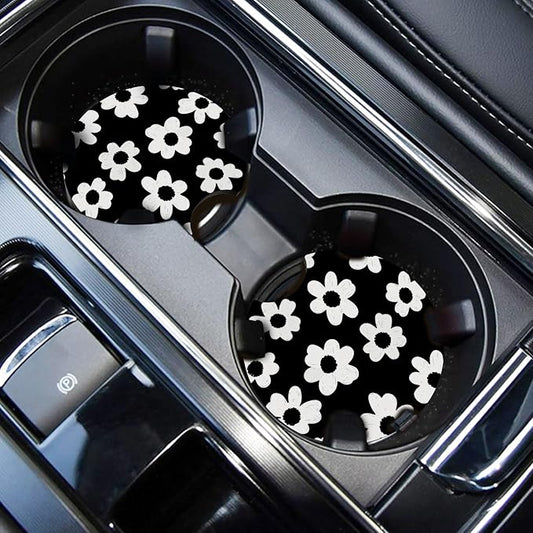 WOCOCN Car Coasters,Cup Holder Coasters for Car,2.75inch Anti Slip and Absorbent,Cute Automotive Interior Accessories for Cup Holder,Pack of 2 (Black Daisy)