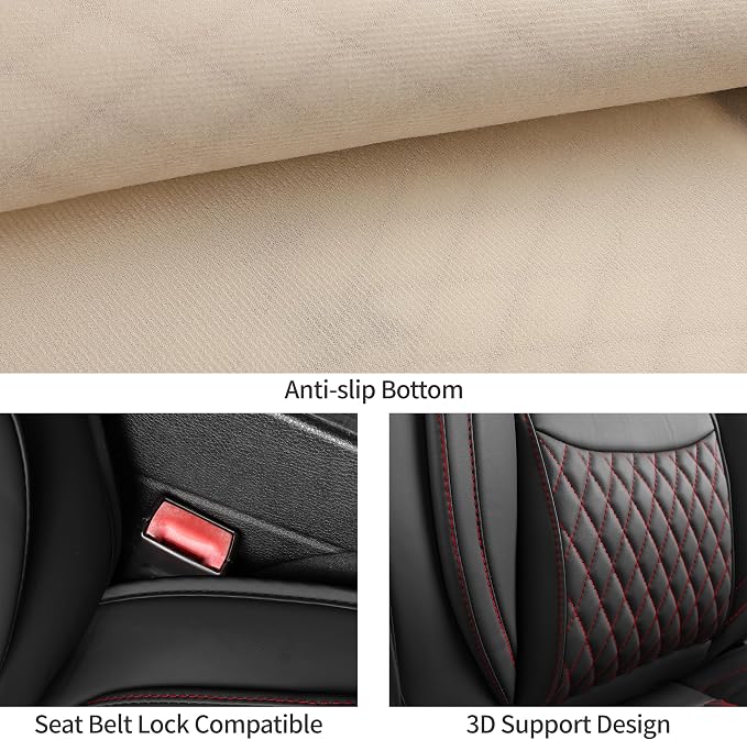 Black and Red Thick Nappa Leather Automotive Front Car Seat Covers Set of 2 | Univerasal Precision Fit,Lumbar Support,3D Contoured,Waterproof,ThickTexture,for most Suvs Trucks Sedans
