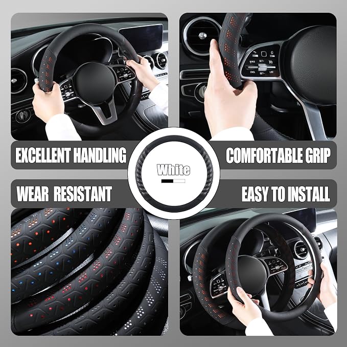 3D Slim Soft 15 inch Leather Steering Wheel Cover Black with White | Breathable Anti-Slip Premium Skin-Feel Perforated Thin Nappa Leather, Universal 14.5 inch to 15 inch