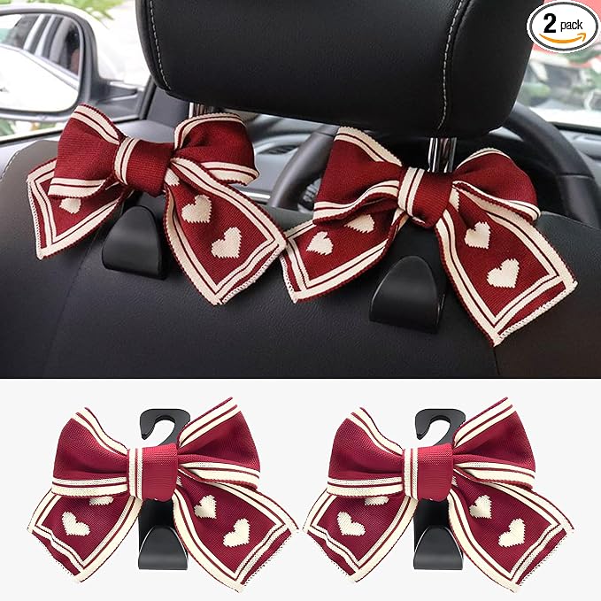 2PCS Car Seat Hooks, Cute Bow Car Seat Headrest Hooks for Purses, Bags, Umbrella, Universal Automotive Interior Decoration Accessoriesl for Vehicle, SUV, Sedan, Truck (Red Heart)