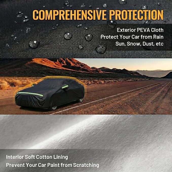 Favoto Car Cover Waterproof All Weather Windproof for Sedans 175-183 Inches | UV Protection, Soft Cotton Lining, Driver Door Zipper, Reflective Strips and Storage Bag Included with Vehicle Fitment Black