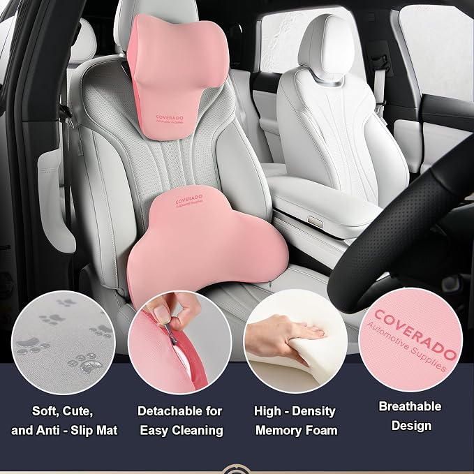 Coverado Lumbar Support and Car Neck Pillow, Ergonomic Memory Foam Desk Chair Cushion and Headrest Pillow for Car Office Chair, Sciatica & Neck & Tailbone Cushion-Pink