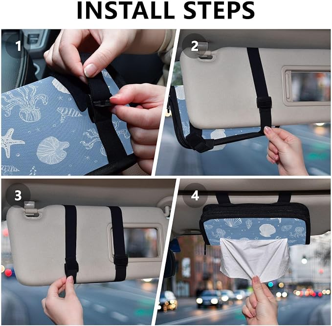 Car Tissue Holder Car Napkin Holder Car Tissue Box Dispenser Storage Case Sun Visor Mask Holder with Adjustable Straps Reusable Refillable Simple Seashells Starfish Blue