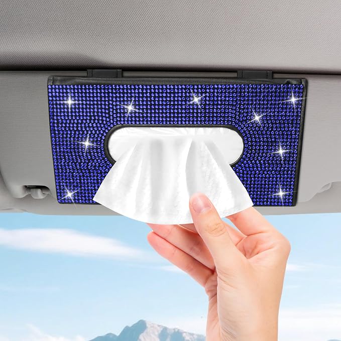 Bling Car Tissue Holder for Sun Visor, Crystal Rhinestone Visor Tissue Box, Leather Vehicle Paper Towel Case, Sparkling Auto Napkin Holder for Women, Car Accessories Decoration (Blue)