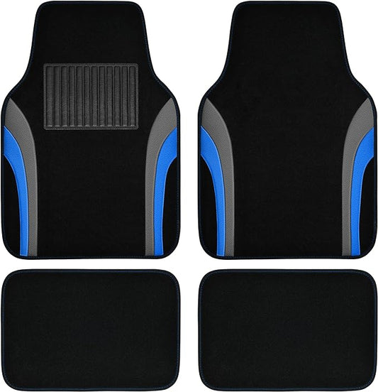 CAR PASS Leather Sporty Car Floor Mats Carpet, Universal Waterproof Automotive Floor Mat Fit for Sedans, Cars, Mid Trucks, Vans, SUV, Set of 4 (Black and Blue)