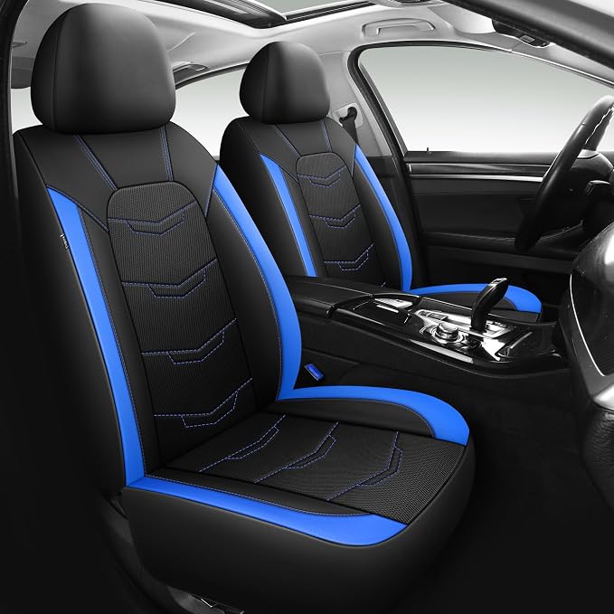 HChengkikz Front Car Seat Cover, Breathable and Sporty (Black + Blue) | Leather, Universal Fit for Most SUVs, Cars, Sedans, Trucks, Airbag Compatible, Easy to Install