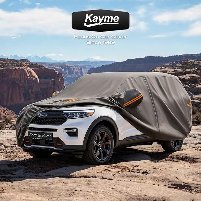 Kayme Heavy Duty SUV Car Cover Custom Fit for Ford Explorer 2002-2026, Waterproof All Weather Outdoor Full Protection, UV Sun Rain Resistant with Zipper Door & Windproof Straps.