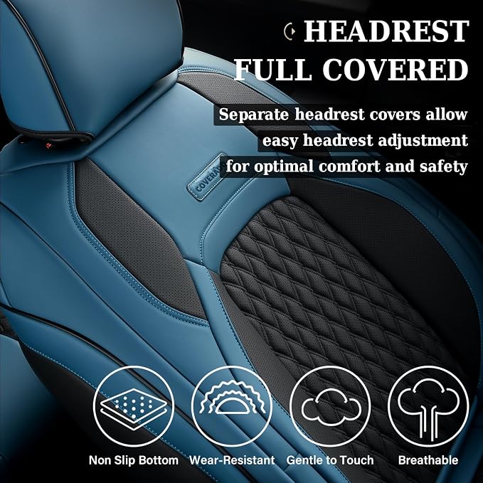 Coverado Chevy Chevrolet Silverado GMC Sierra Seat Covers Full Set, Custom Fit for 2014-2018 1500, 2015-2019 2500HD 3500HD Crew Double Extended Cab Truck, Faux Waterproof Leather Seat Covers (Blue)