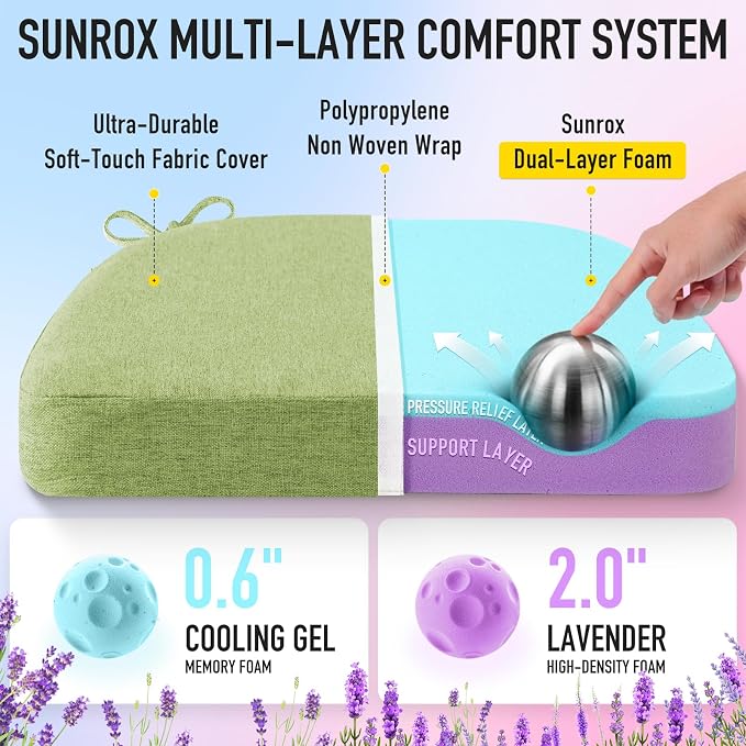 SUNROX Cooling Gel Memory Foam Chair Cushions, 2.6" Thick U-Shaped Dual-Layer Comfort Dining Chair Pads, Non Slip Seat Cushion with Ties for Indoor Kitchen Office 17"x16" Set of 4, Apple Green
