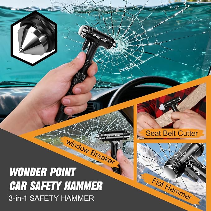 Car Window Breaker, Automotive Safety Hammer with Seatbelt Cutter, 3-in-1 Emergecy Escape Tool Car Metal Window Breaker Seatbelt Cutter, Aluminium Alloy Glass Breaker Hammer(Black 2Pack)