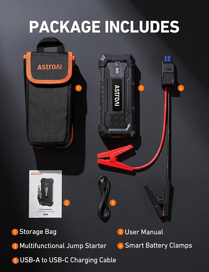 AstroAI S8 Ultra Car Jump Starter, 4000A Safe 12V Battery Booster Pack (All Gas/12L Diesel), Portable Jump Box with Smart Jumper Cables, Type-C/USB, Flashlight, Rugged Protection & Storage Bag, Orange