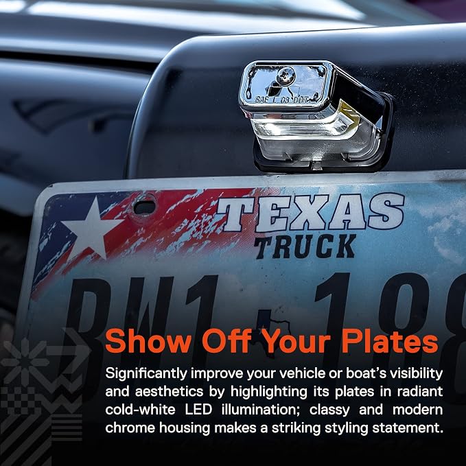 TRUE MODS Chrome LED License Plate Boat Trailer Light [Stud Mount] [DOT FMVSS 108] [SAE L] [Waterproof] [12V DC] Universal Submersible Tag Lamp for Auto Work Utility Flat Bed Dump Box Semi Truck RV