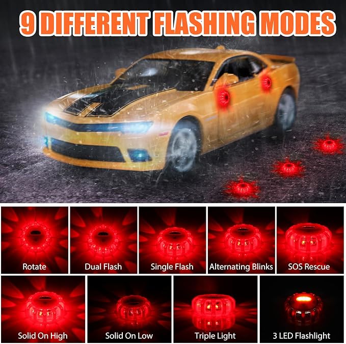 Tallew 8 Pack LED Road Emergency Roadside Lights Flashing Safety Warning Kit Beacon Magnet Hook Vehicle Boat Truck Disc Magnetic Flash Cars Security Driveway Automotive Strobe