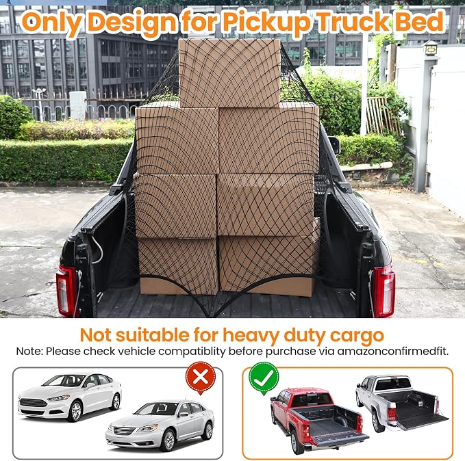 Double-Layer Truck Bed Organizer Net Elastic Cargo Mesh for Pickup Bed | Stretchable Mesh from 4x4 FT up to 7x7 FT | 8 Heavy-Duty Carabiners | 6 Rings Included | Anti-Slip | Easy Install