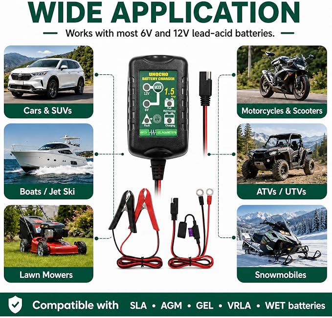 Unocho 6V/12V Battery Charger Maintainer 1.5A Automatic Trickle Charger Smart Float Charger for Car Motorcycle Lawn Mower Boat ATV Snowmobile Lead-Acid AGM GEL SLA VRLA WET Batteries