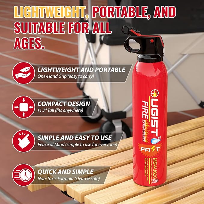 Ougist Small Portable Fire Extinguisher for Home and Car, 21oz Each, 1-Pack, Water-Based Fire Extinguishers for Quick Emergency Response, Prevent Re-Ignition, Ideal for Vehicle and Camping,Kitchen