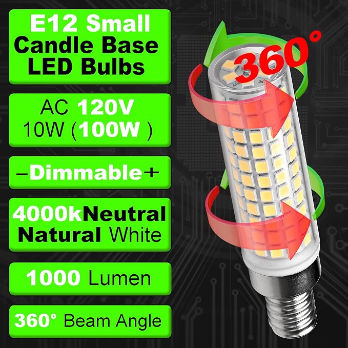 E12 100W Dimmable C7 T6 LED Corn Light Bulbs 4000K 1000lm 10W, 3 Pack | Candelabra Base, AC120V, Natural White, No-flicker for Home Decorative Chandelier Pendant Ceiling Fan Lighting Salt Lamp