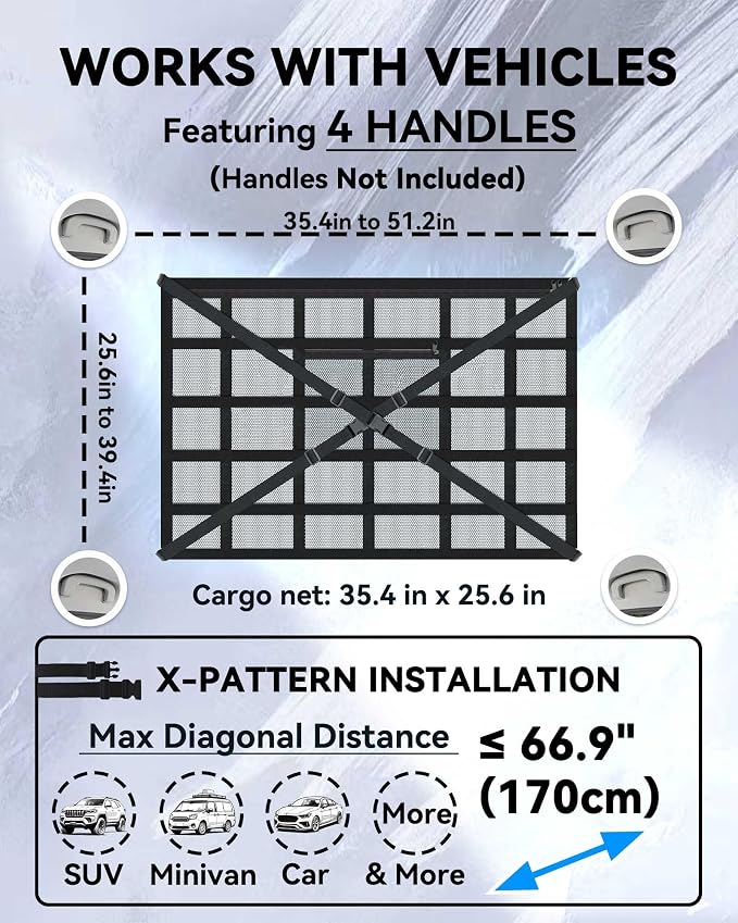 Car Ceiling Cargo Net with 2 Pockets - 35.4"x25.5" Cross-Strap Reinforced Double-Layer Mesh Organizer, Adjustable for SUVs - Road Trips, Camping, Commuting Storage Organization - Gray
