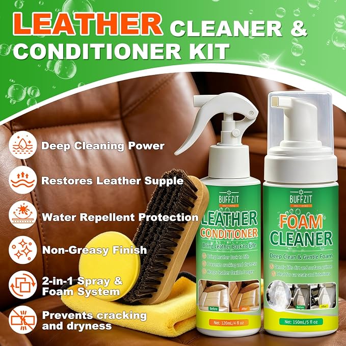 Leather Cleaner and Conditioner Kit, Foam Cleaner & Faux Leather Conditioner, Leather Car Cleaner Set with Brush for Car Interior Cleaner, Furniture, Leather Couch, Shoes & Boots, 5 Piece