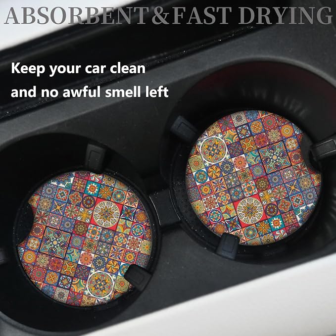 Boho Absorbent Neoprene Car Coasters, 2.75inch Mandala Style, 2 Pack Universal with Finger Slot