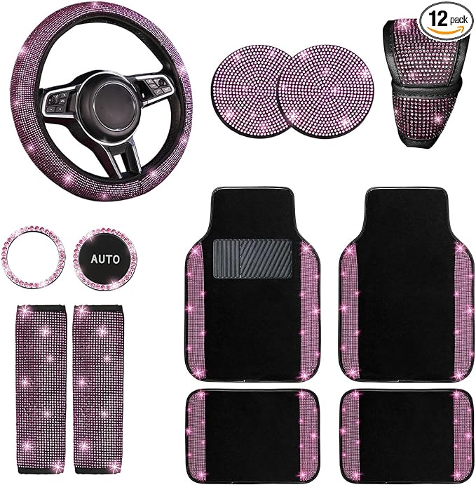 NBTEPEM 12 Pcs Bling Car Accessories Set for Women Car Floor Mats Full Set Steering Wheel Cover Seat Belt Covers Coasters Universal Fit Car SUV Truck Van Pink