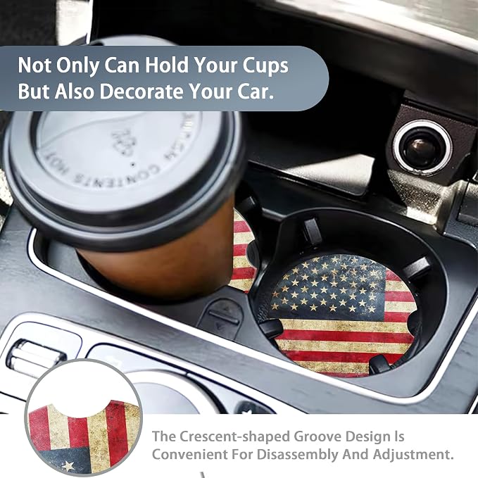 American Flag Car Coasters for Women 2 Pack,Retro Absorbent Car Coasters for Cup Holders Insert Ceramic Anti Slip with Finger Notch & Cork Base Auto Accessories Gifts