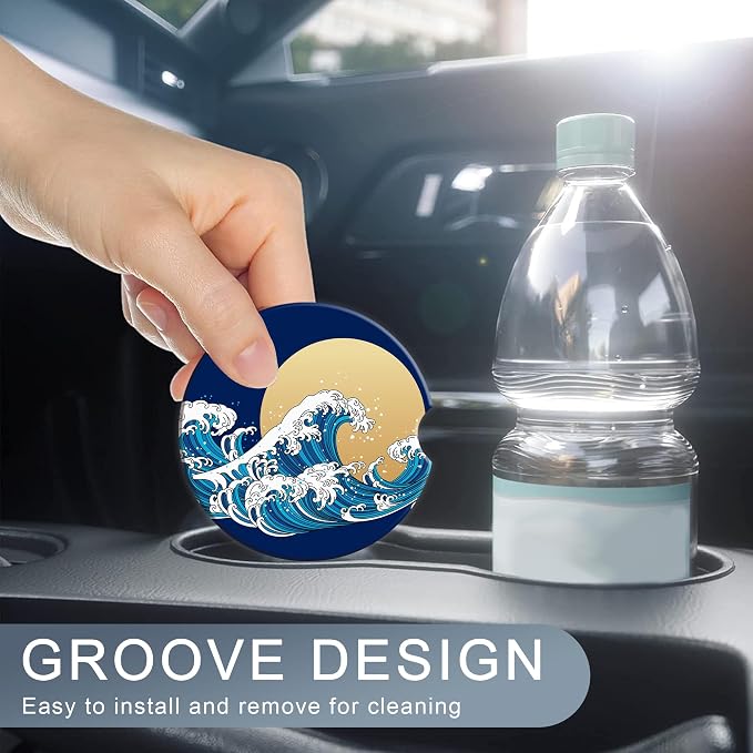 Great Wave Car Cup Holder Coaster,Japan Ocean Sunset Car Coasters for Cup Holder,2 PCS Absorbent Insert Ceramic Car Assecories with Cork Back & Finger Notch for Women Men