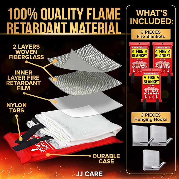 JJ CARE Fire Blanket – 3 Packs with Hooks – 40” x 40” Fire Blankets Emergency for Home and Kitchen, High Heat Resistant and Flame Protection for Kitchen, Car, Office, Camping & Home Safety