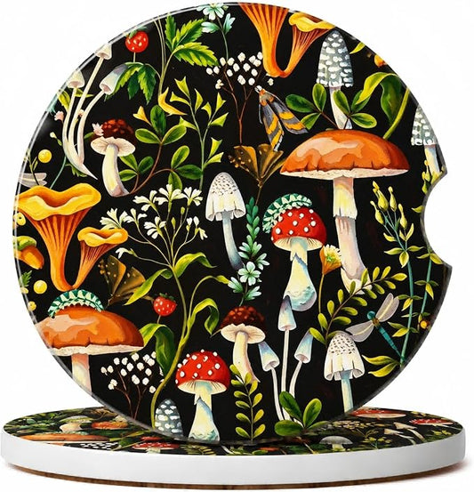 2Pack Car Cup Holder Coasters Absorbent Ceramic Coaster 2.56" for Women & Men Auto Mushroom Car Accessories