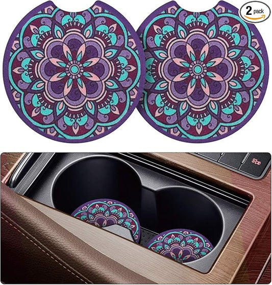 tifanso 2PCS Mandala Non-Slip Car Cup Holder Coasters for Women | Universal Fit for Standard Cup Holders, Easy to Clean & Remove, Adorable Floral Decor, Ideal Gift for Girls & Car Lovers