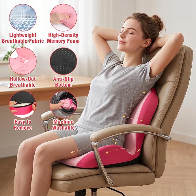 Car Seat Cushion with Lumbar Support Pillow, Memory Foam Office Chair Cushion for Back Pain Sciatica Pain Relief, Ergonomic L-Shaped Seat Cushion for Car Truck Driving Office Chair Home (Pink)