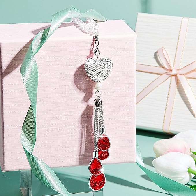 Frienda Bling Car Rear View Mirror Accessories for Women Gift Cute Heart Crystal Hanging Charm Diamond Decoration Lucky Interior Ornament Pendant(9.8 Inch,Red)