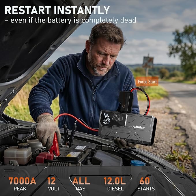 7000A 150PSI Car Battery Jump Starter with Air Compressor Battery Jump Box | for 12V(All Gas/12L Diesel), 21800mAh Car Battery Jumper Starter Portable with Auto-Shutoff Tire Inflator, 800lm Light