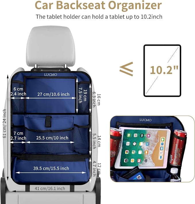 LUCMO Car Backseat Organizer with Touch Screen Tablet Holder,Dark Blue | 2 Pcs,9 Storage Pockets,Clear Tablet Holder,Protectors Kick Mats,Travel Accessories,Seat Cover,Road Trip Essentials