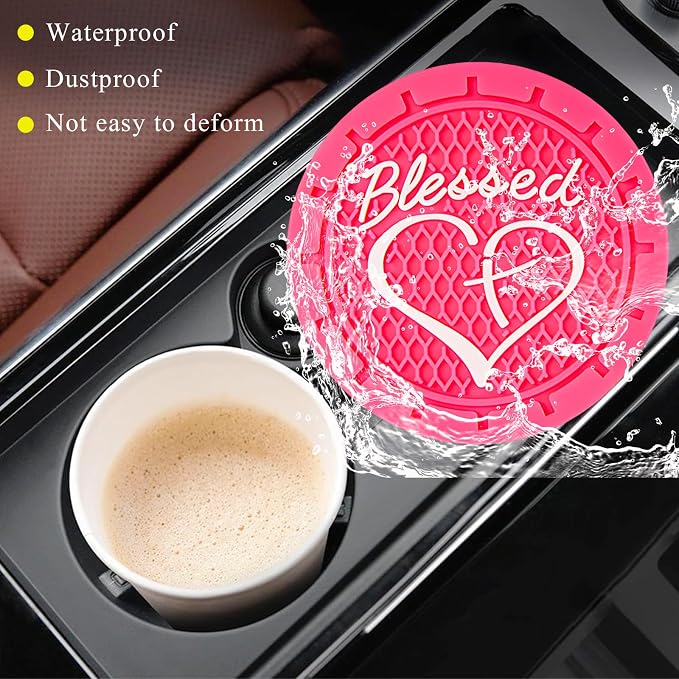 KVAEY 2 PCS Car Cup Holder Coasters, 2.76 Inch Anti Slip Vehicle Drink Mats with Cute Blessed Cross and Heart, Shockproof, Universal Car Accessories (Rose Red, 2 PCS)