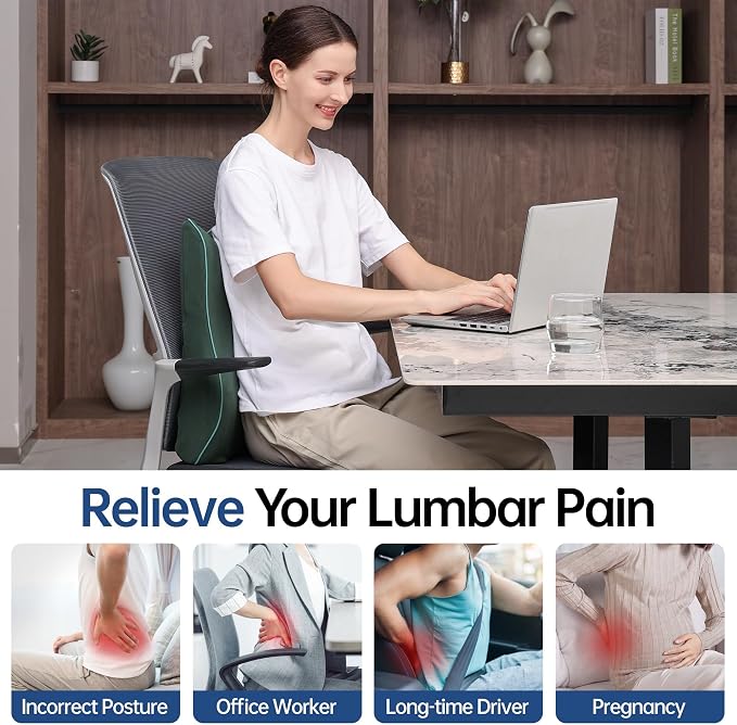Soft Comfortable Memory Lumbar Support Pillow Back Cushion for Office Chair | Built-In Adjustable Straps Secure Reduce Back Soreness Pressure Distribution Breathable Premium Fabric Long-lasting Support