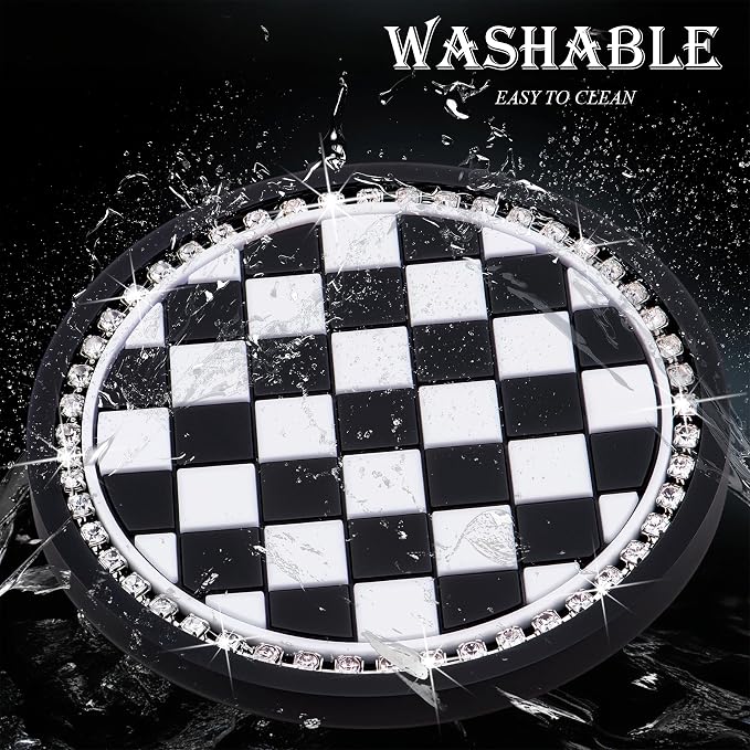 4PCS Car Cup Holder Coasters – Sparkly Bling Design, 2.75 Inch Silicone Insert, Anti-Slip & Shockproof, Fits Most Vehicles (Checkerboard)