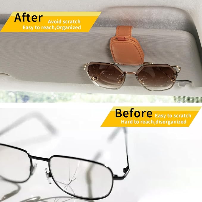 Yuoyar Magnetic Leather Sunglasses Holder for Car, 2 Packs (Orange) | Magnetic Car Visor Accessories