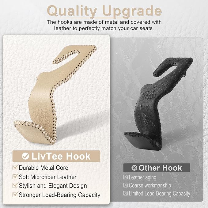 LivTee Beige Superior Leather Car Seat Back Headrest Hook, Auto Seat Hook Hangers Interior Accessories for Purse Coats Umbrellas Grocery Bags Handbag, 2-Pack