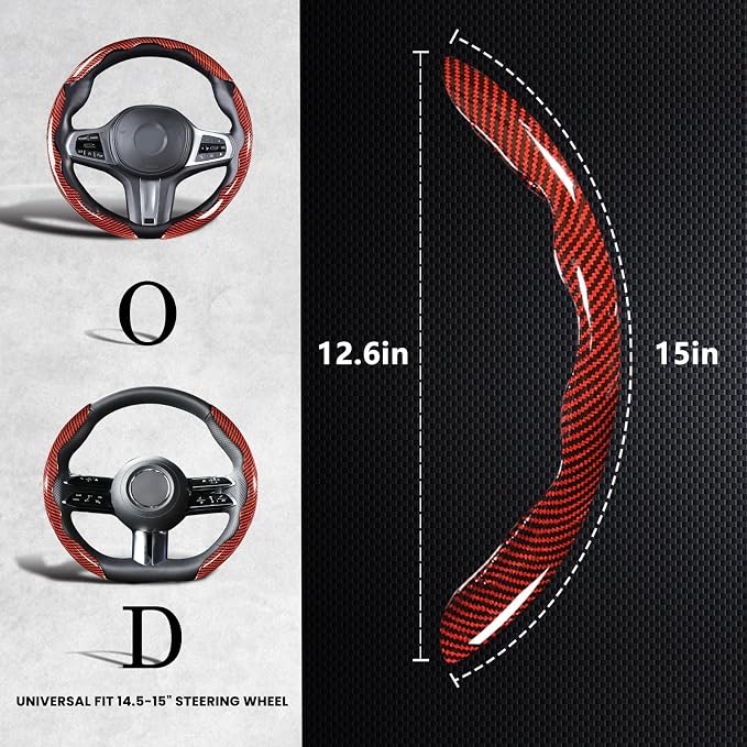 Carbon Fiber Steering Wheel Covers 3 Piece Clip on Steering Wheel Cover (Red)