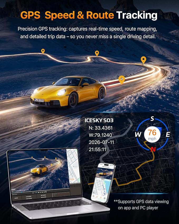 Icesky S03 4K Dash Cam Front Rear Inside Left Right with GPS, Free 128GB SD Card, 5.8GHz WiFi 6 (Up to 20MB/s Download), 4 Channel 360° Dash Camera for Cars, G-Sensor 8 IR Light, Parking Mode, Black