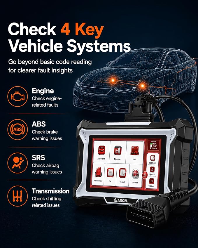 ANCEL DS100 OBD2 Scanner Diagnostic Tool, 4 System Car Code Reader for Engine ABS SRS Transmission, 7 Reset Functions, 5” Touchscreen, AutoVIN, Live Data, I/M Readiness for DIY Car Owners