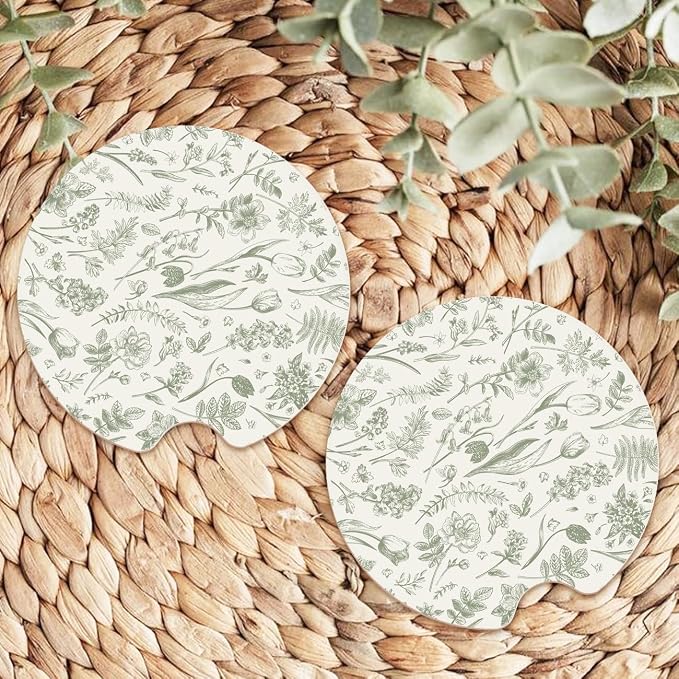Ceramic Car Coasters – Absorbent Car Cup Holder Coaster Set for Women, Cute Aesthetic Car Accessories for Girls, 2 Pack (Pale Green)