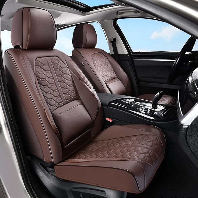 Huidasource Coffee Front Seat Covers, Automotive Car Seat Cover, 360° Full Wrap Leather Seat Cushion Covers Protector with Lumbar Support Fit for Most Cars SUV Trucks