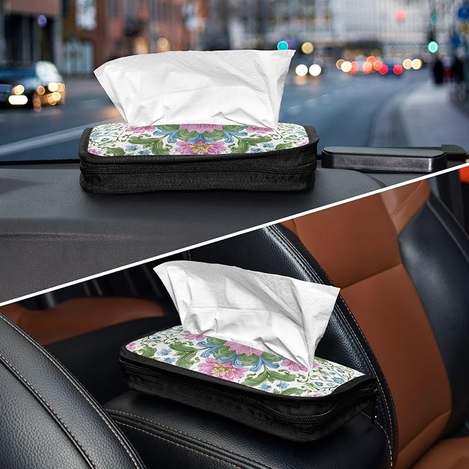 White Pink Green Flower Boho Mandala Car Tissue Holder Durable Napkin Holder Hanging Tissue Holders Case Car Tissues Bag for Sun Visor Seat Back Universal Auto