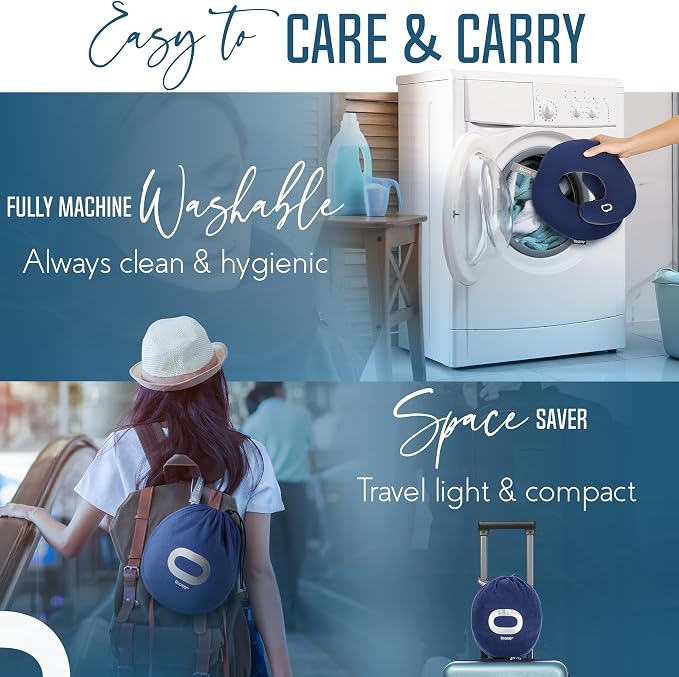 BCOZZY Travel Neck Pillow for Airplane – Patented Double Support for Head, Neck, and Chin. Best for Long Flights, Plane Sleeping & Car Rides. Adjustable Size. Fully Washable. Carry Bag. X-Large, Navy
