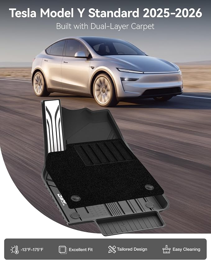 3W Floor Mats with Carpets for 2025 2026 Tesla Model Y Juniper (Only Fit Standard) 5 Seat Metal Pedal Liner & Rear Cargo Mat & Backrest Mats Anti-Slip All Weather TPE Car Accessories, Vigormold™